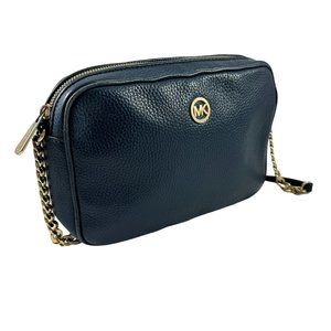 Michael Kors Fulton Crossbody Purse Bag Handbag Navy Blue Pebbled Leather